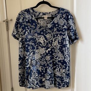 Chico's Navy and White Floral Blouse with embroidered accents